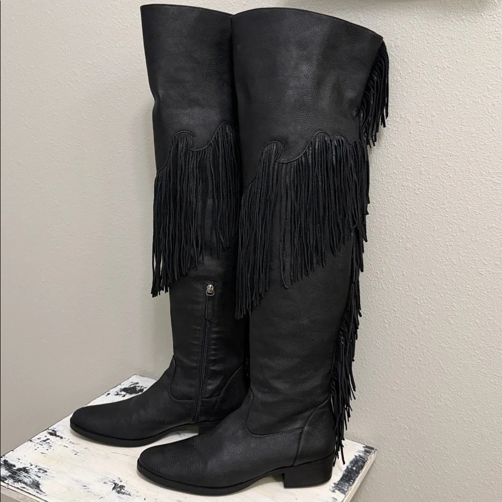 SCHUTZ Kin Black Leather OTK Fringe Boots 9 NWOT Rare Dust Bag Boot Keepers